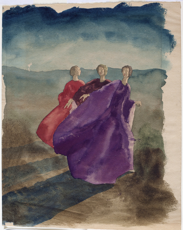 Three Robed Women in Red and Purple